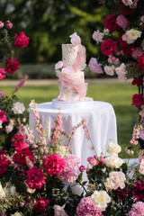 Two-tier pink and white wedding cake decorated with sugar flowers and pink wafer paper on white table, surrounded by red, pink, and white roses and hydrangeas. Outdoor wedding setup. Wedding ceremony 