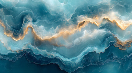 An abstract blue and gold swirling pattern with a fluid and dynamic texture.