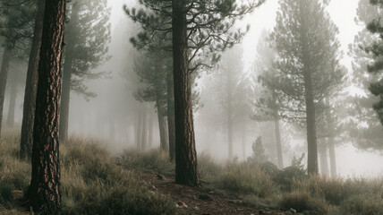 Foggy Pine Forest on a Mountain Slope with Trail and Misty Atmosphere in the Early Morning Light