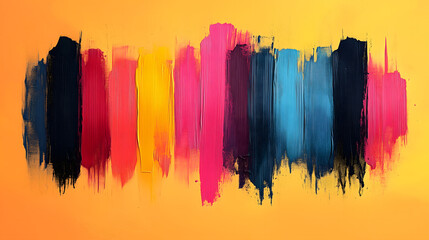 Vibrant paint strokes in various colors on a bright yellow background.
