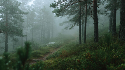 Narrow Forest Trail in a Misty Pine Woodland Covered with Green Vegetation on a Foggy Morning