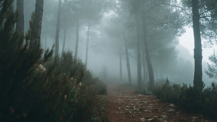 Mystical Foggy Forest Path Surrounded by Tall Pine Trees and Covered in Moss on a Quiet Morning in the Wilderness