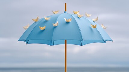 Obraz premium Whimsical Scene of Umbrella Raining Upward with Tiny Origami Boats in the Sky