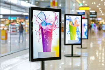 Vibrant digital displays showcase colorful drinks with splashes, creating inviting atmosphere in modern shopping mall