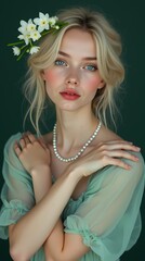 Fototapeta premium Timeless beauty in white floral wreath and soft blush tones