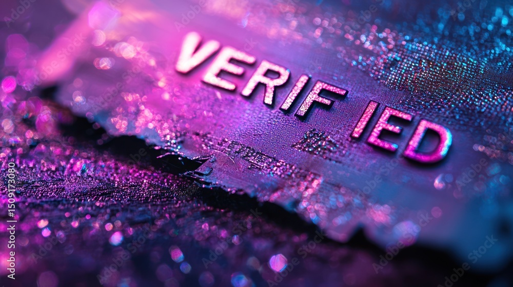 Poster verified: a close-up macro shot of a textured surface with the word 'verified' embossed in metallic 