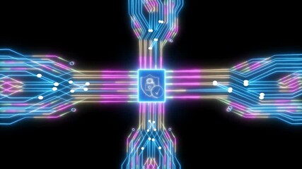 Technology circuit board with shield icon animation. circuit board with neon lines, representing data protection technology. Digital security hologram of virtual lock icon on circuit board - Powered by Adobe