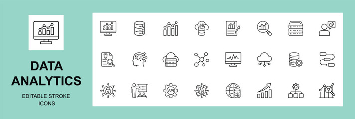 Data analytics icon set. Big data analysis technology symbol. Containing database, statistics, analytics, server, monitoring, computing and network icons, Editable stroke. Vector illustration.