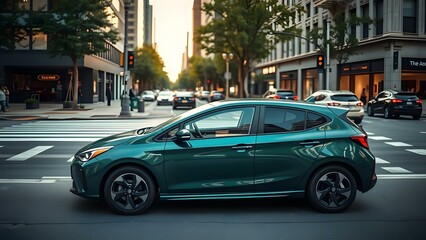 A sleek hatchback parked in a bustling urban setting, capturing the essence of modern city life.