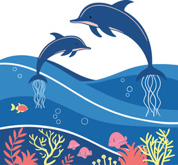 Colorful World Oceans Day Illustration with Dolphins, Coral Reefs,