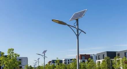 Solar street light with panel providing clean energy in modern residential area. Sustainable urban infrastructure with green technology.