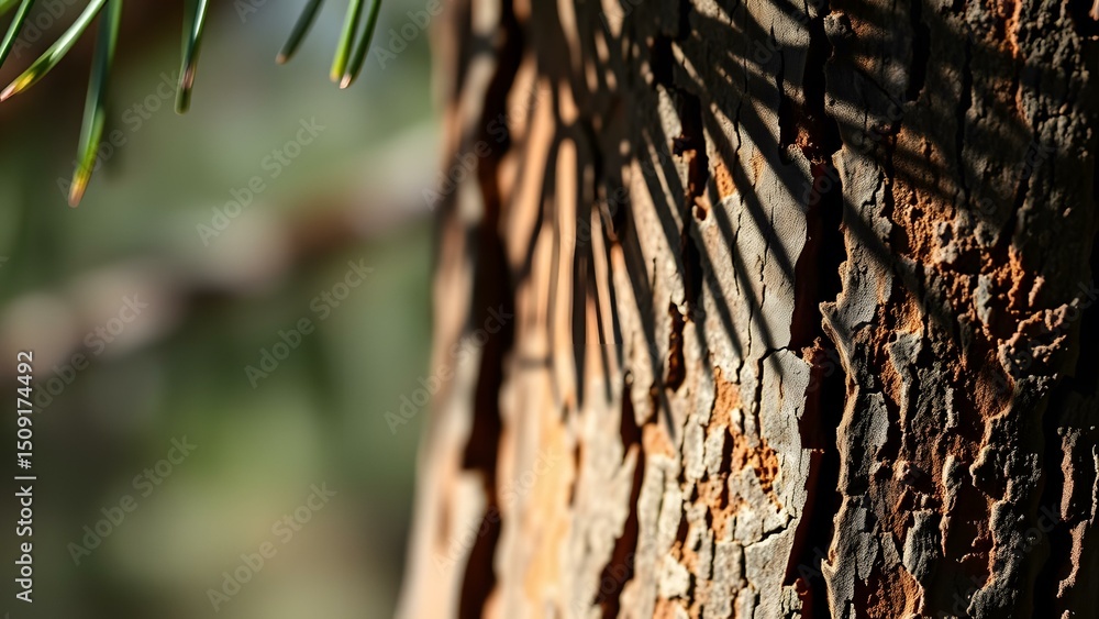 Poster detailed close-up of tree bark showcasing its unique texture and the play of light and shadow on its