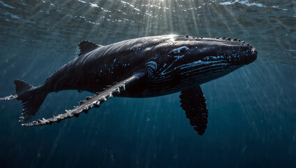 Fototapeta premium Humpback whale swimming in the deep blue ocean with sun rays. Created using generative AI tools 