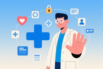 Doctor with medical icons representing healthcare and data protection