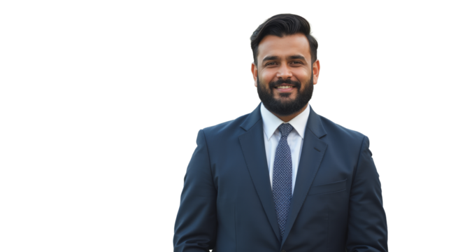 An authoritative portrait of a South Asian man, a real estate broker, dressed in a sharp suit, exuding confidence and professionalism.