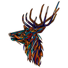 Original abstract illustration of deer head with big antlers. Design for t-shirt or sticker