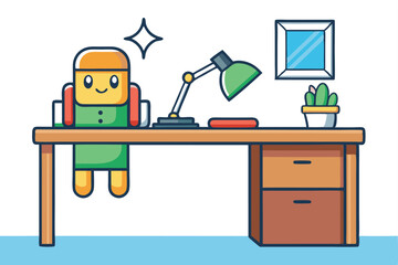 A cheerful animated character working at a desk with a lamp and a decorative cactus illustration