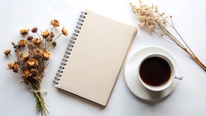 Still life with notebook, dried flowers, and coffee cup on a white surface in a flat lay arrangement