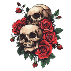 Vintage Tattoo Studio Design with Old School Skulls and Roses Vector Illustration