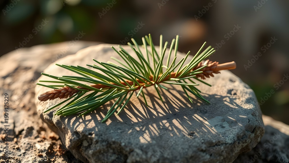 Poster a close-up of a pine branch resting on a stone, casting intricate shadows in the warm sunlight.