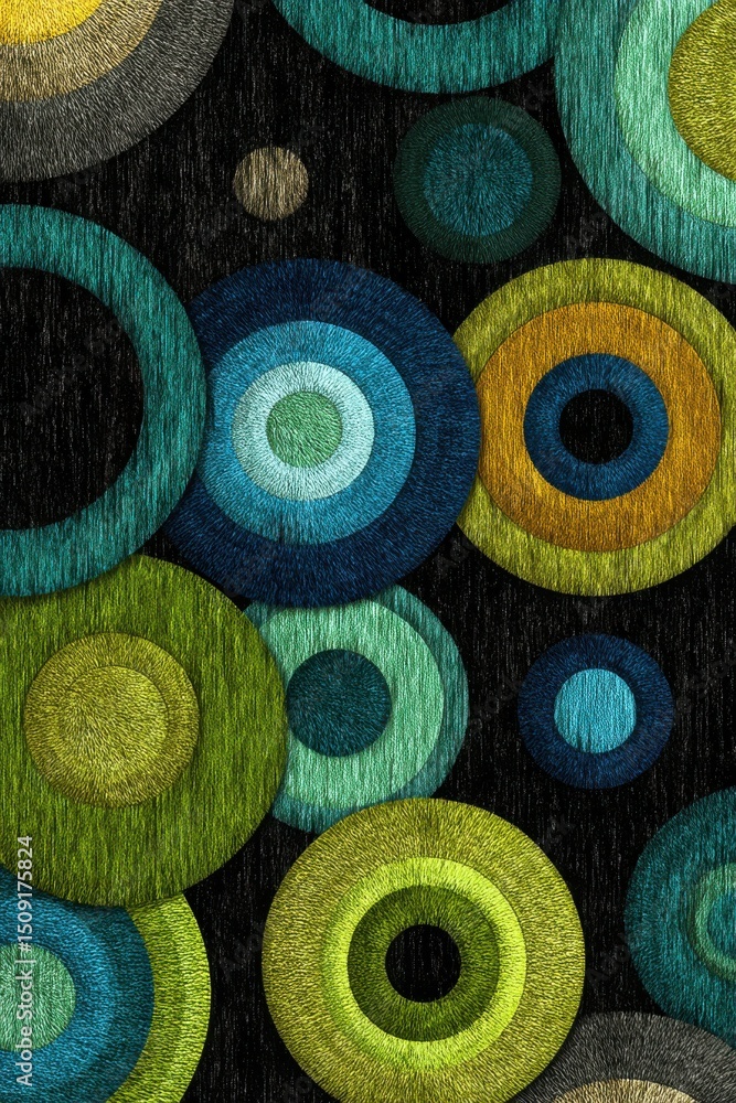 Poster colorful textured circles on a dark background emphasizing patterns and contrasts