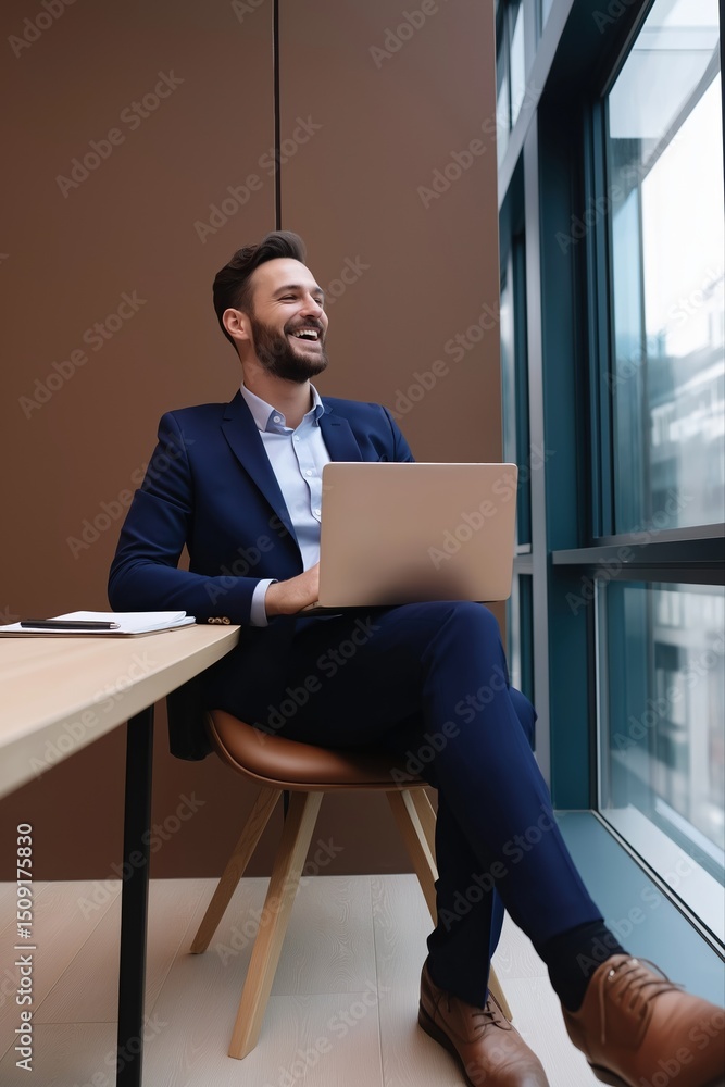 Poster a man in a suit is sitting at a desk with a laptop in front of him. he is smiling and he is happy