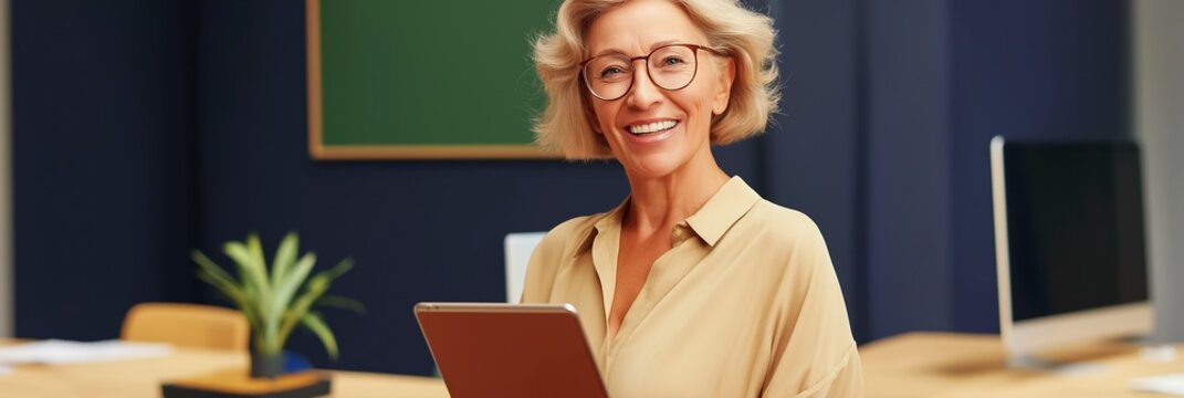 A woman is smiling and holding a tablet in front of a green board. She is in a classroom setting