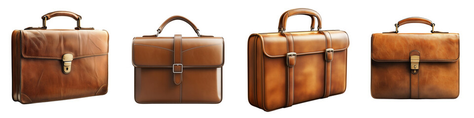 set of Black leather briefcase, with open lock, top view showing elegant design, elegant black leather briefcase, open lock black leather suitcase, on a transparent backgrounds
