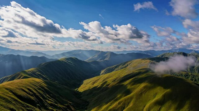 Majestic mountain panorama with rolling clouds and sunlit valleys nature's serene beauty revealed
