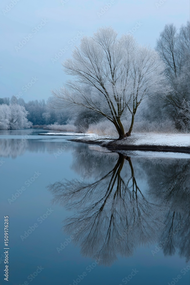 Aufkleber a tree is reflected in the water of a lake. the image has a serene and peaceful mood, with the snow-