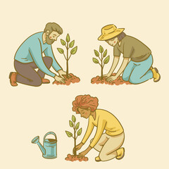 Illustration of People Planting and Watering a Tree