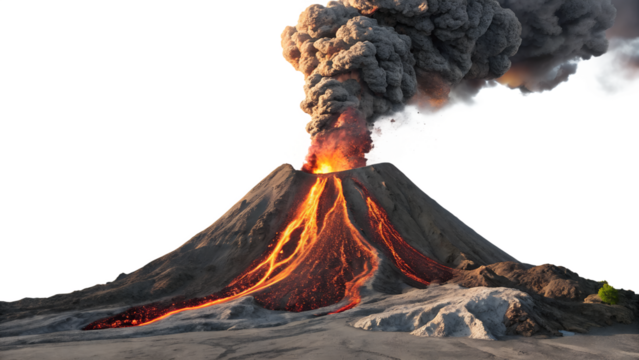 A realistic illustration of a volcanic eruption showing lava and smoke against an isolated background