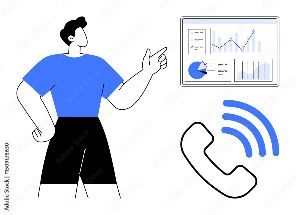 Poster a person pointing at a data chart with graphs and pie charts, paired with a ringing phone icon. idea