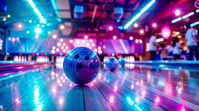 A bowling ball is on a bowling lane with neon lights