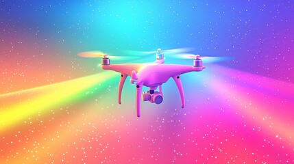 Naklejka premium A colorful drone flying through a vibrant, starry space background with rainbow light trails, depicted in a minimalistic style