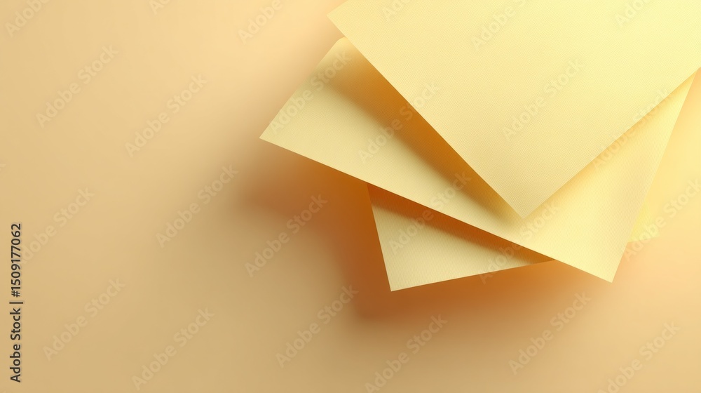 Poster Warm pastel yellow sheets of paper are stacked at an angle, creating a soft and inviting look perfect for design displays or stationery mockups, showcasing a subtle texture against a plain background