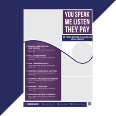 Professional legal flyer template created for law offices and legal consultants to promote legal services, contract drafting, and courtroom advocacy through effective visual marketing