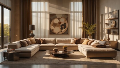 Elegant living room with sectional sofa and sunlight casting shadows through sheer curtains