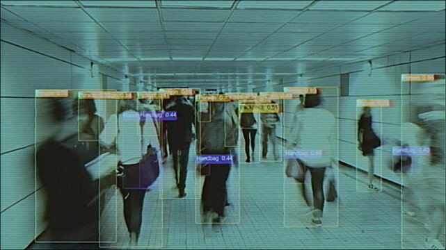 4K AI facial recognition system scanning crowd in metro tunnel with pixel glitch overlay, digital HUD interface, cyber surveillance visuals, motion graphics, screen mode, electronic identity tracking
