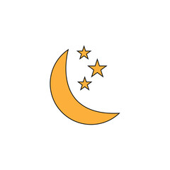 Simple crescent moon vector icon with white background. crescent moon, Shine and sparkle stars vector icon sign. Moon phase symbol. moon and stars logo template icon vector illustration. Eps file 72.