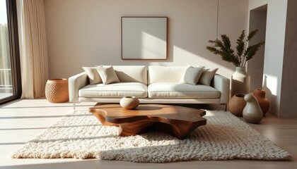 Minimalist living room with beige sofa, wooden sculptural coffee table, textured rug, and decorative vases, bathed in natural sunlight for a warm and elegant interior design.