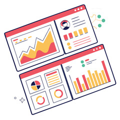 Colorful illustration of business data analysis and reports displayed on modern digital screen interfaces