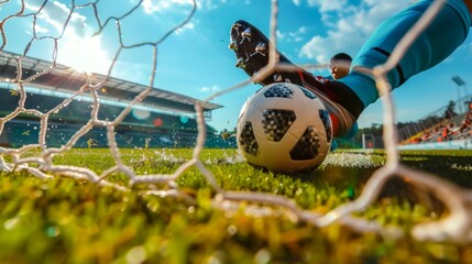 Soccer goalie is getting ready to kick the ball into the net.