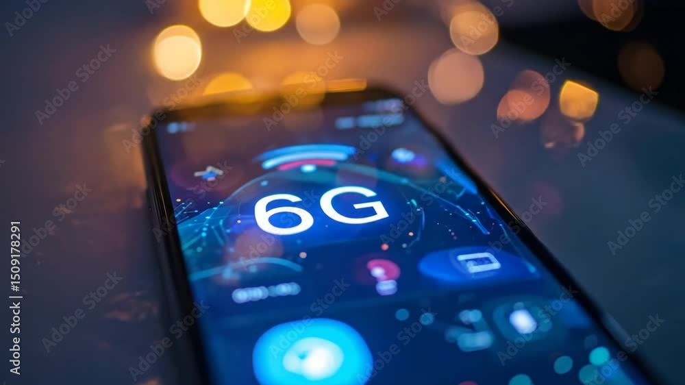 Poster next generation technology: smartphone displaying 6g network connection with futuristic design