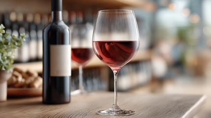Two glasses filled with rich red wine complement an unopened wine bottle on a rustic wooden table within a warm and inviting wine bar atmosphere, ideal for tastings