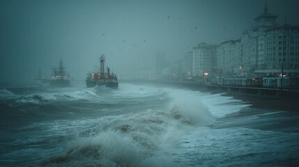 Stormy seas crash against a coastal city at dusk.