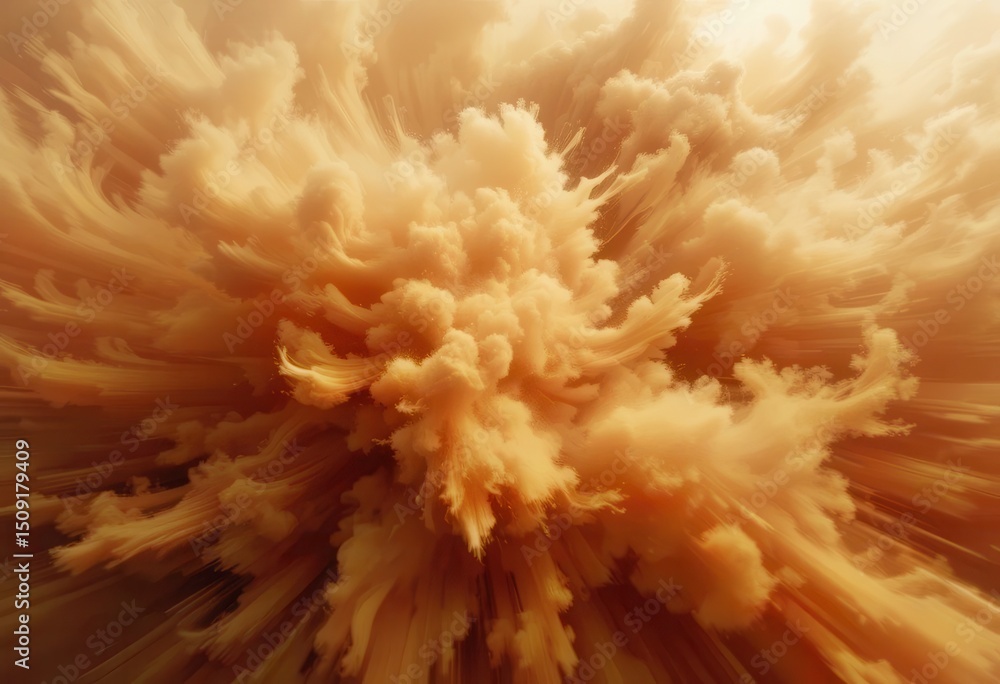 Poster abstract artwork depicting a dramatic explosion of soft brown clouds in a dynamic composition