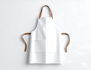 White apron with brown leather straps and a pocket, shown against a white background