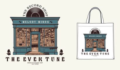 Retro vintage records shop vector art, vintage tape melody shop vector illustration, Old music artwork for t shirt, tote bag, canvas fabric bag, graphic print