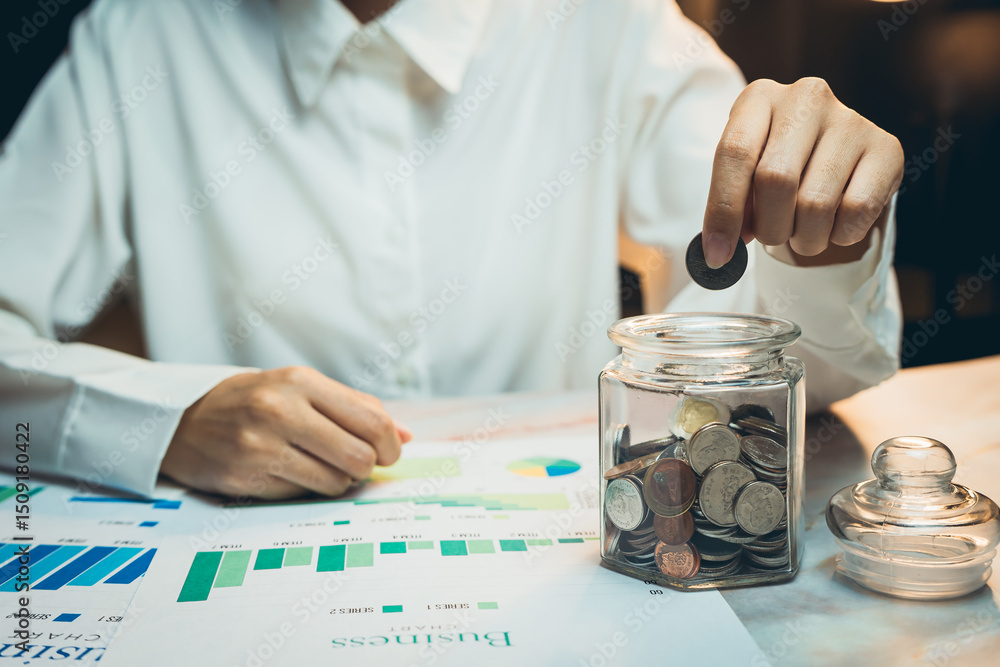 Poster concept of saving money. person putting coin in jar with financial charts and graphs on desk in soft